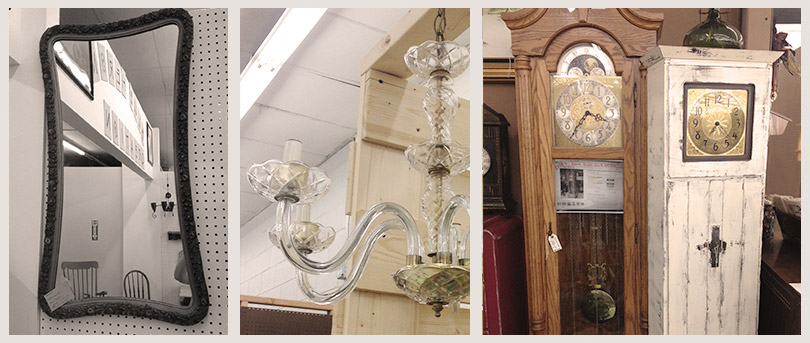 antique clock, antique mirror, antique chandelier